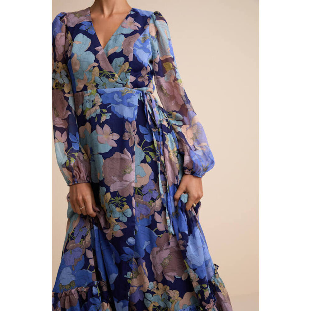 Lulus Feeling Sweet Navy Floral Print Long Sleeve Wrap Maxi Dress Blue - Size XL - Picture 2 of 5